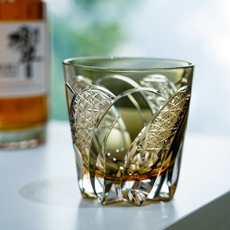Edo Kiriko Handcrafted Shadow Luminary Whisky Glass – A Dance of Light and Depth in Crystal