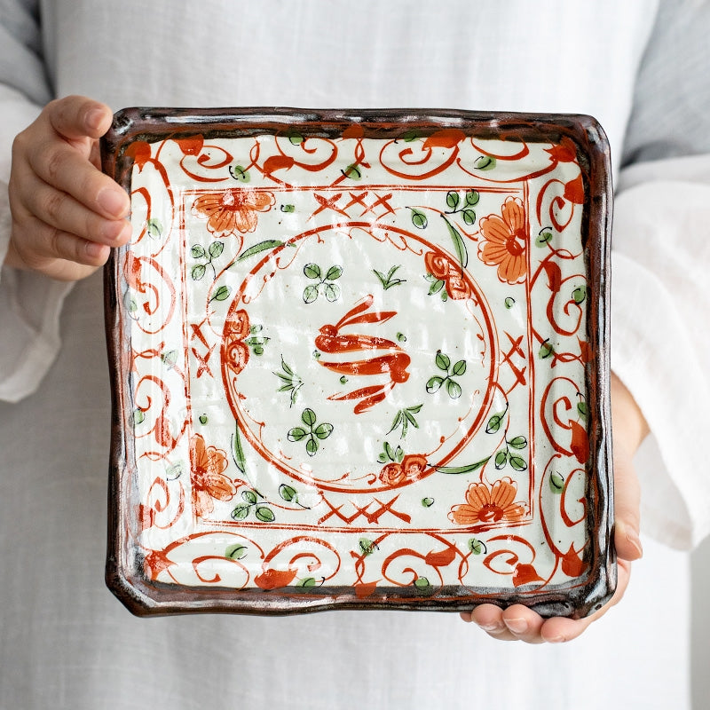 Mino-yaki Akai Rabbit Motif Large Platter - Thumbnail 2