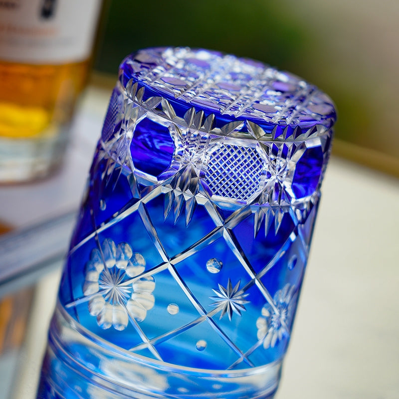 Edo Kiriko Handcrafted Royal Blue Kohana Blossom Glass – A Deep Ocean of Delicate Beauty in Crystal