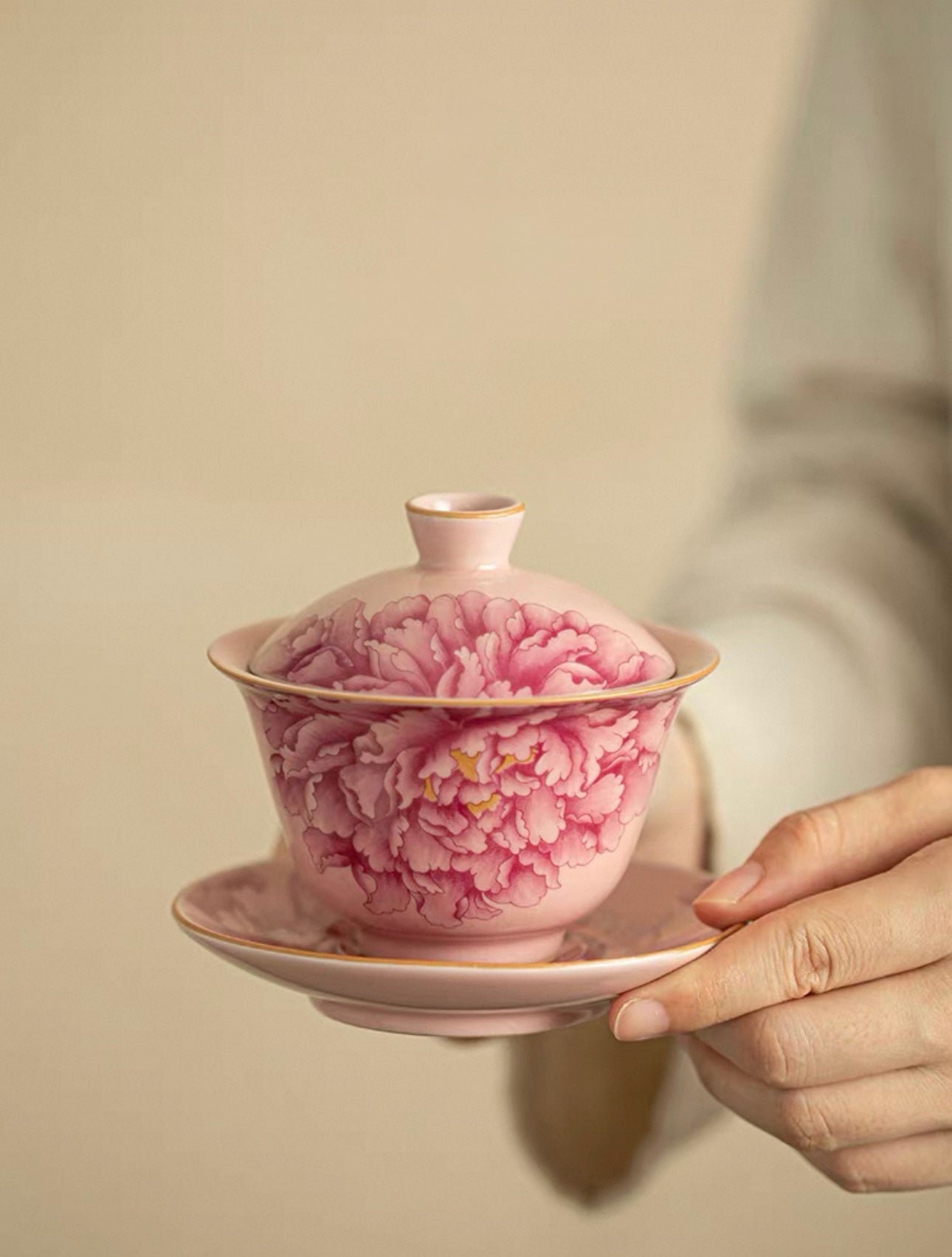 Pink Ru Ware "Peony Elegance" Sancai Gaiwan
