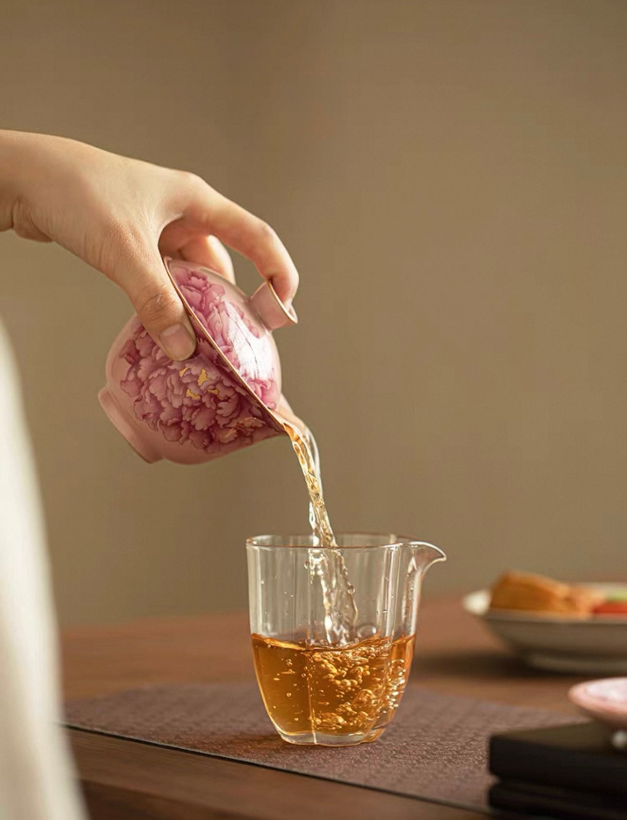 Pink Ru Ware "Peony Elegance" Sancai Gaiwan