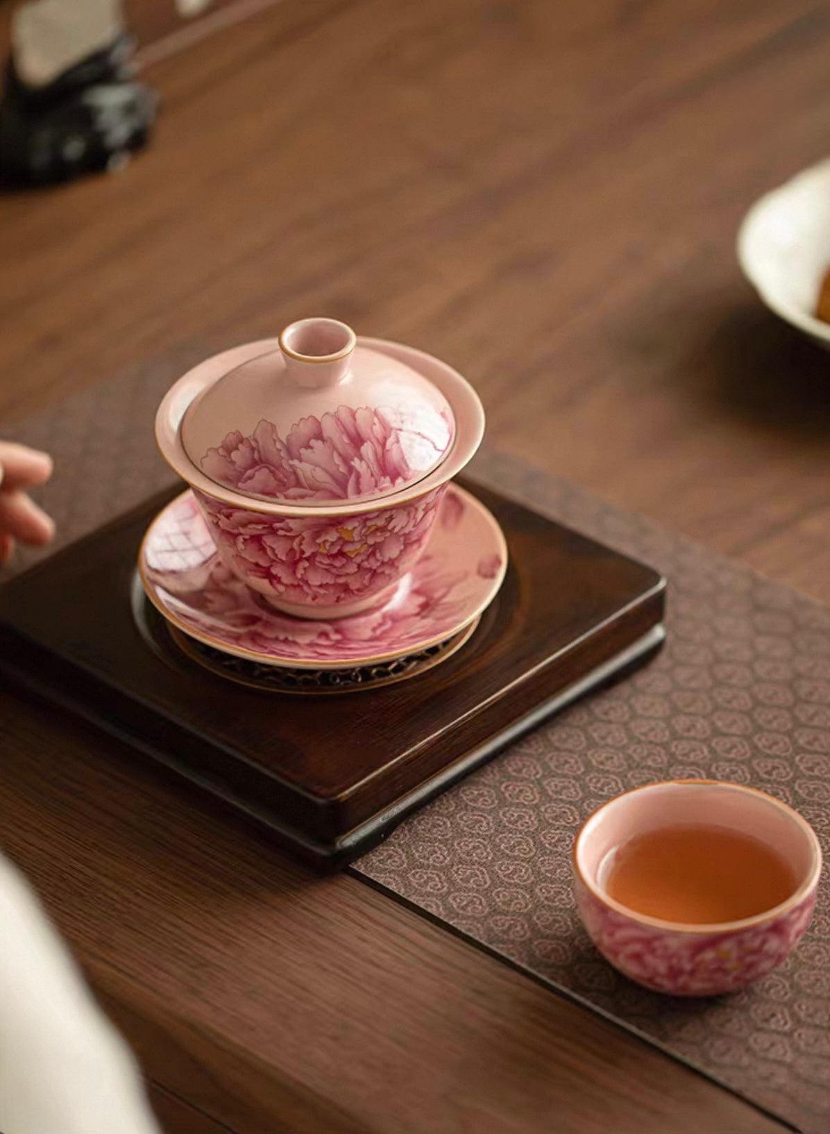 Pink Ru Ware "Peony Elegance" Sancai Gaiwan