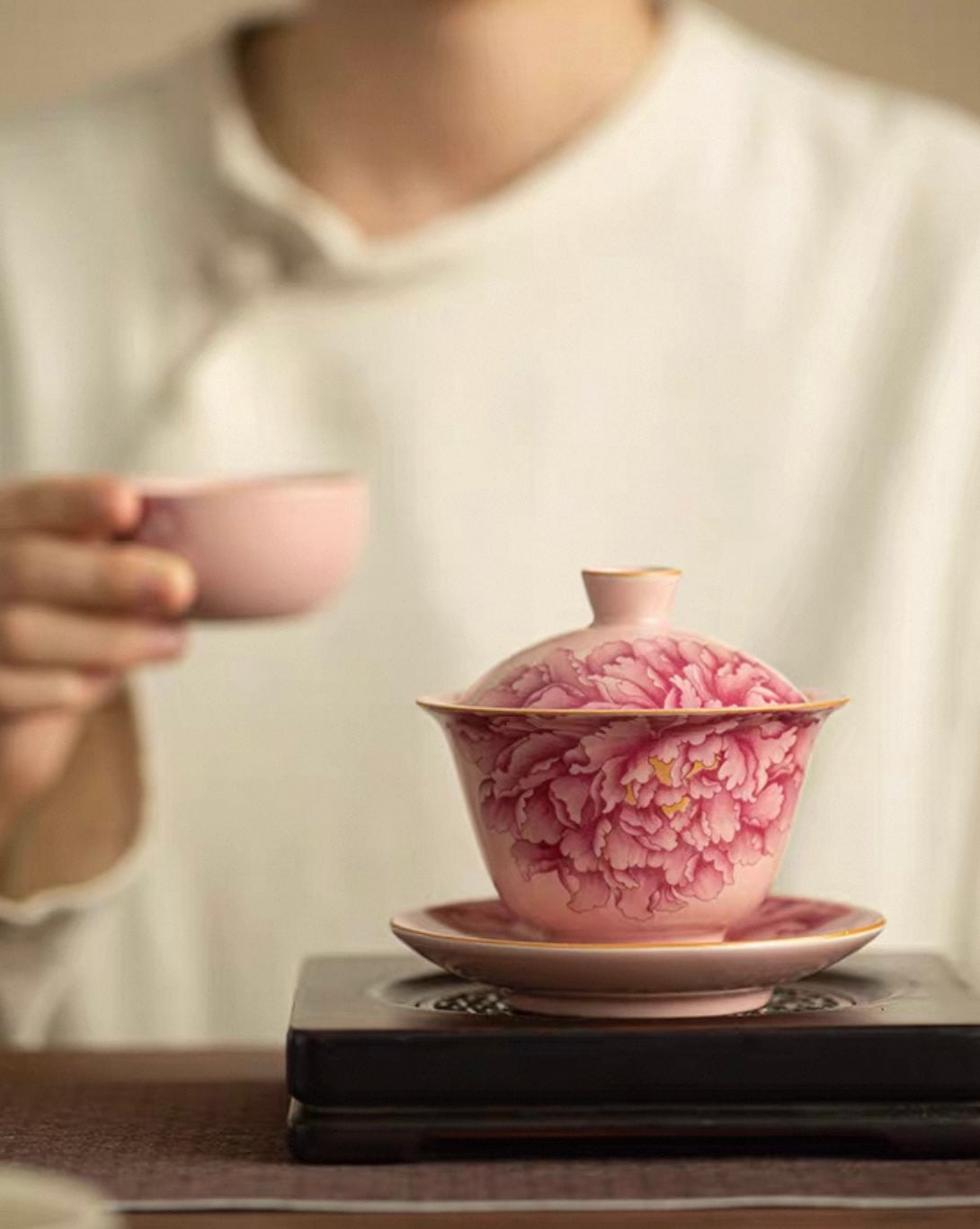 Pink Ru Ware "Peony Elegance" Sancai Gaiwan