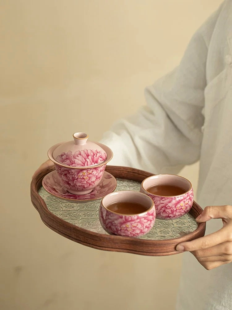 Pink Ru Ware "Peony Elegance" Sancai Gaiwan