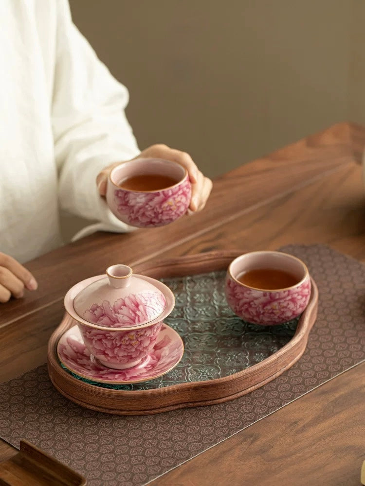 Pink Ru Ware "Peony Elegance" Sancai Gaiwan