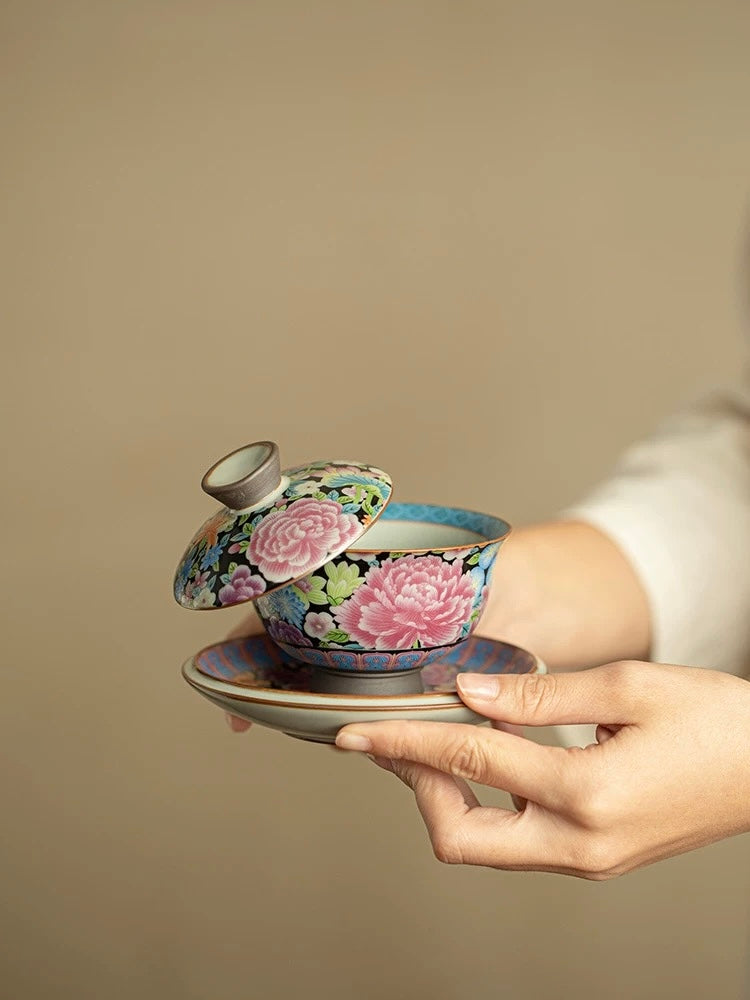 Imitation Song Ru Ware "Blooming Prosperity" Yuanbao Sancai Floating Gaiwan