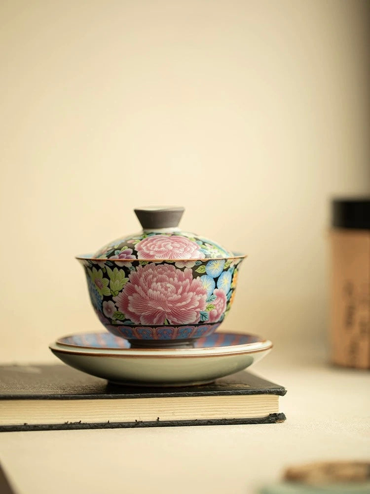 Imitation Song Ru Ware "Blooming Prosperity" Yuanbao Sancai Floating Gaiwan