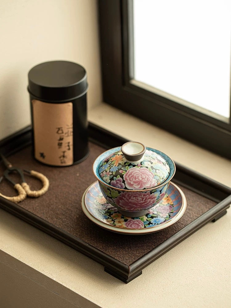 Imitation Song Ru Ware "Blooming Prosperity" Yuanbao Sancai Floating Gaiwan