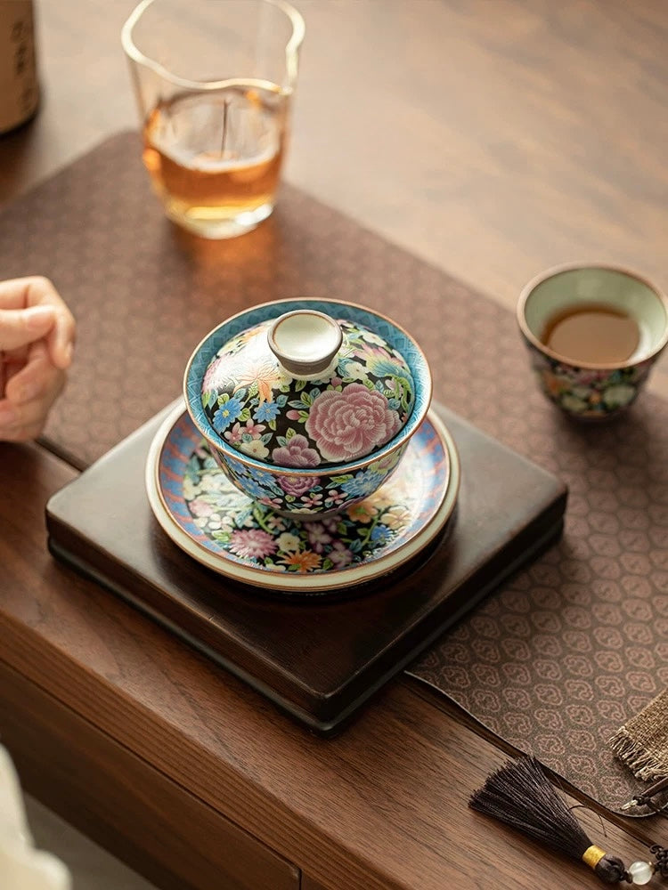 Imitation Song Ru Ware "Blooming Prosperity" Yuanbao Sancai Floating Gaiwan