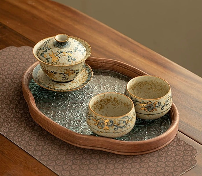 Hand-Painted Blue & White "Intertwining Lotus" Flint-Red Sancai Gaiwan