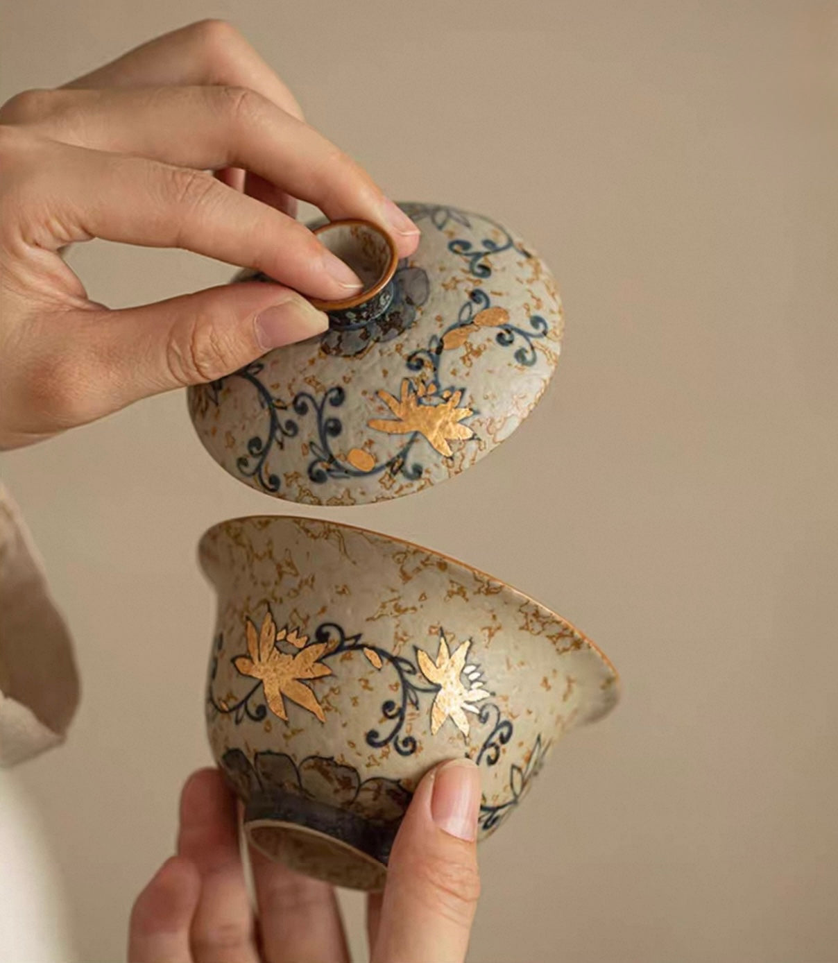 Hand-Painted Blue & White "Intertwining Lotus" Flint-Red Sancai Gaiwan