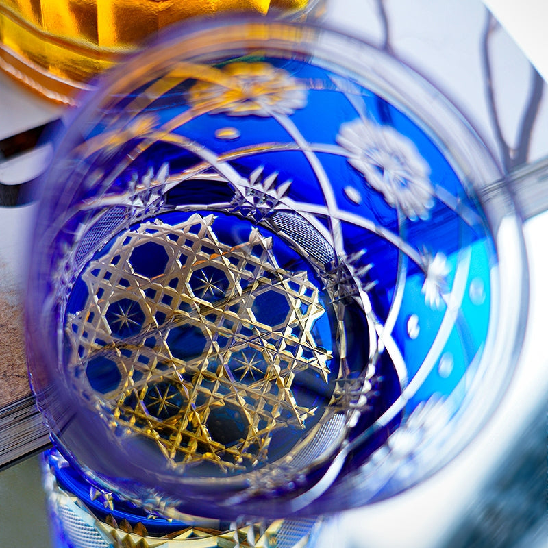 Edo Kiriko Handcrafted Royal Blue Kohana Blossom Glass – A Deep Ocean of Delicate Beauty in Crystal