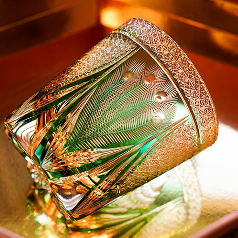 Edo Kiriko Handcrafted Emerald Peacock Whisky Glass – A Verdant Gem of Japanese Artistry