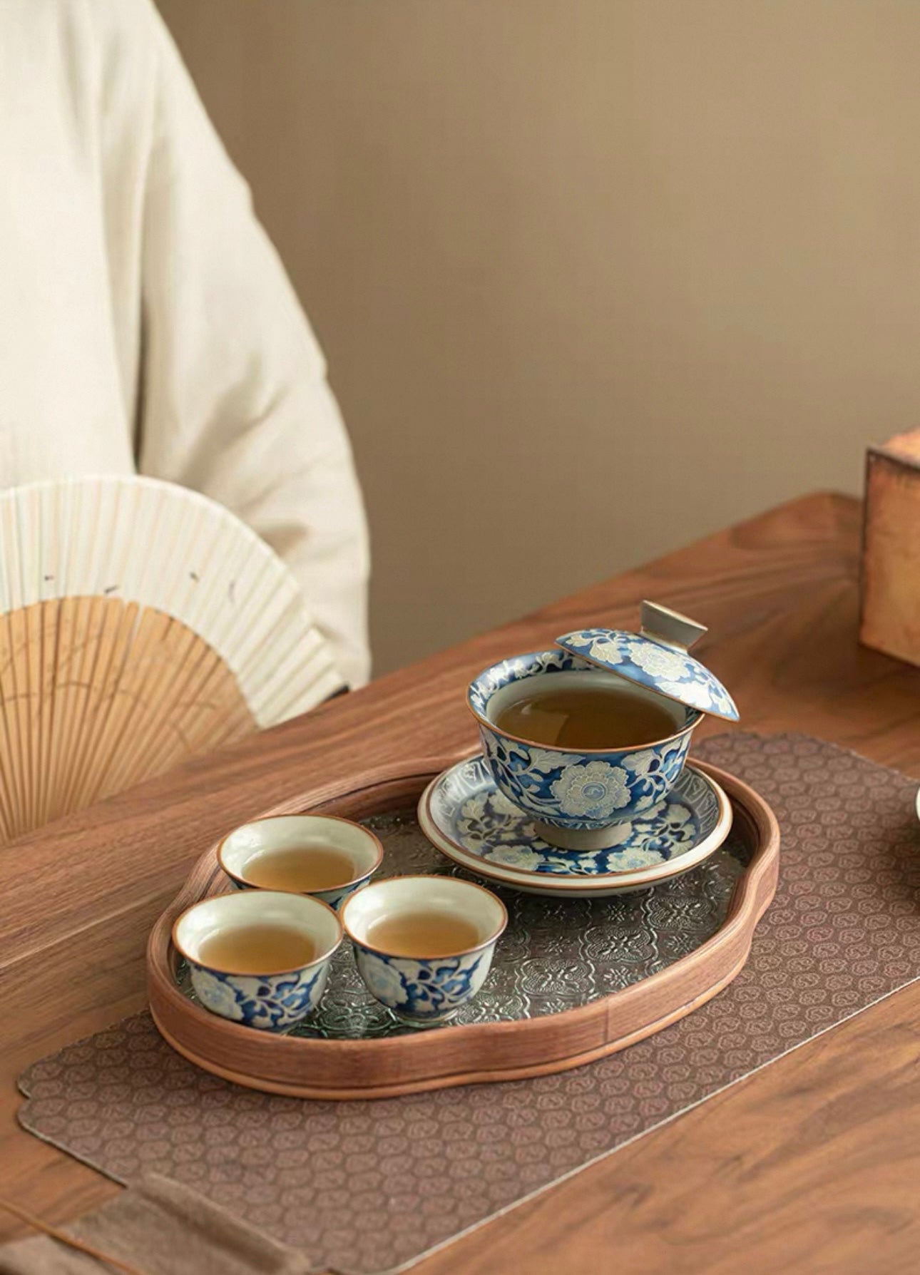 Ru Ware & Yuan Blue-White "Yuanbao" Floating Sancai Gaiwan (Gift Box Set)