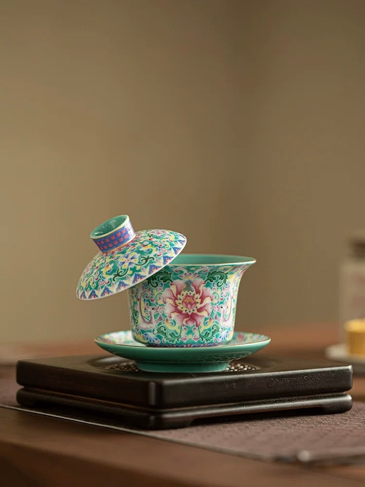Turquoise Green Enamel "Intertwining Lotus" Floating Sancai Gaiwan