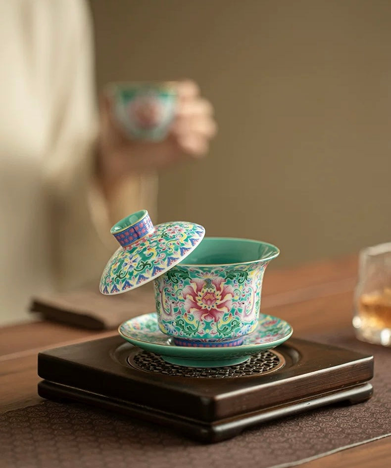 Turquoise Green Enamel "Intertwining Lotus" Floating Sancai Gaiwan