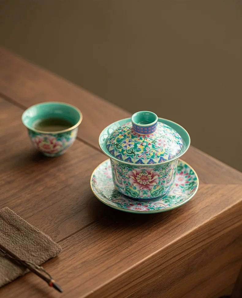 Turquoise Green Enamel "Intertwining Lotus" Floating Sancai Gaiwan