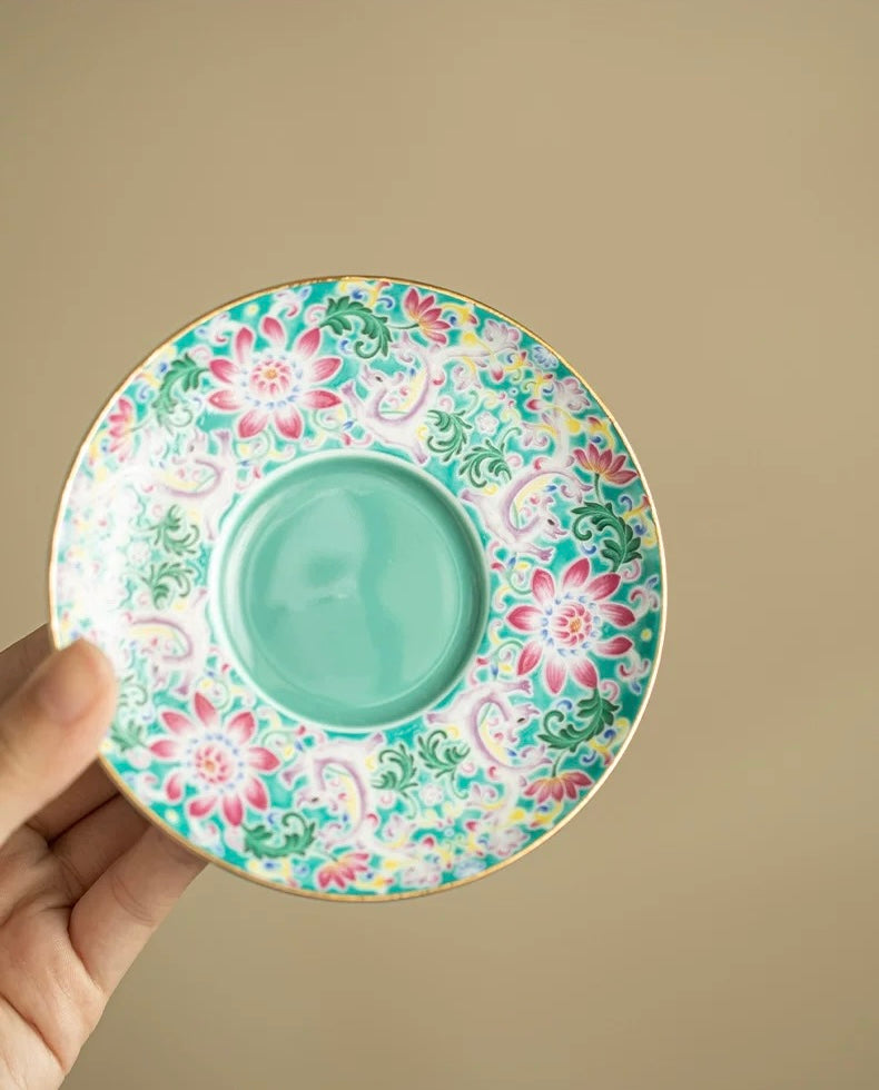 Turquoise Green Enamel "Intertwining Lotus" Floating Sancai Gaiwan