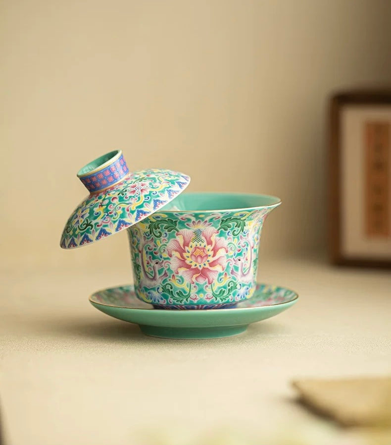Turquoise Green Enamel "Intertwining Lotus" Floating Sancai Gaiwan