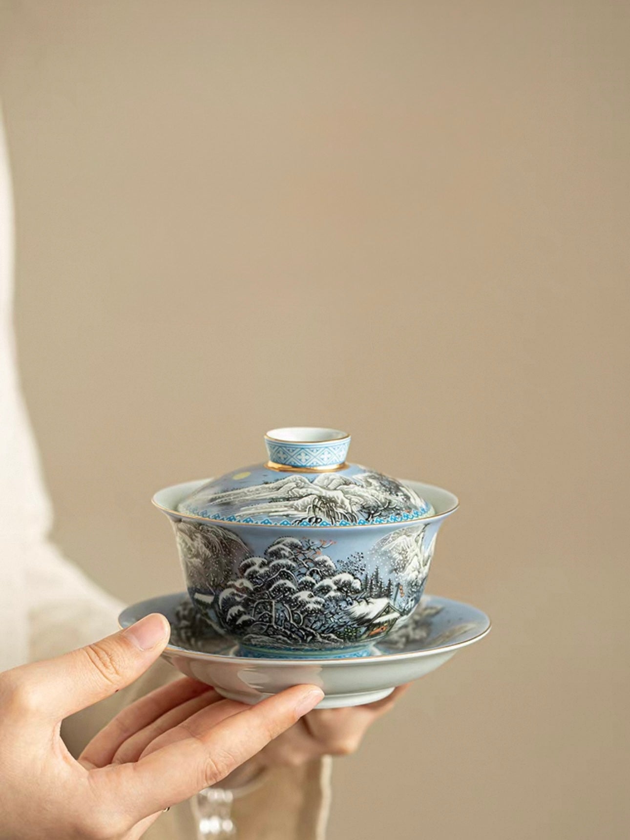Enamelware "Winter Snow Scene" Anti-Scald Sancai Gaiwan
