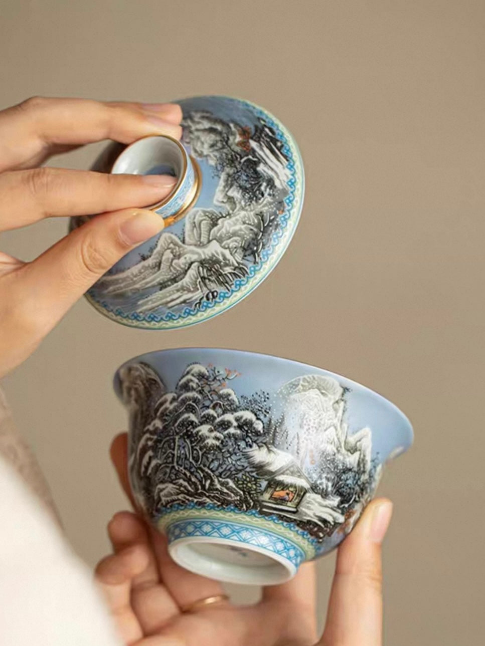 Enamelware "Winter Snow Scene" Anti-Scald Sancai Gaiwan