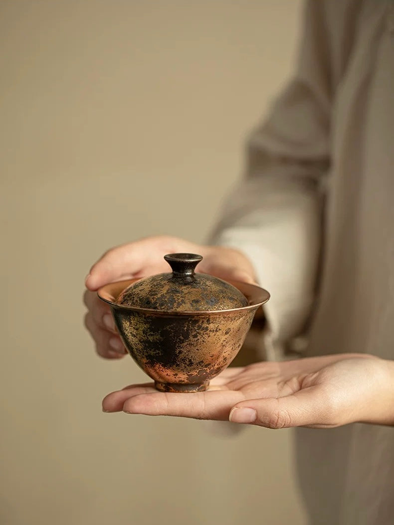 Shino-Style Gilded "Green Grain" Two-Piece Gaiwan