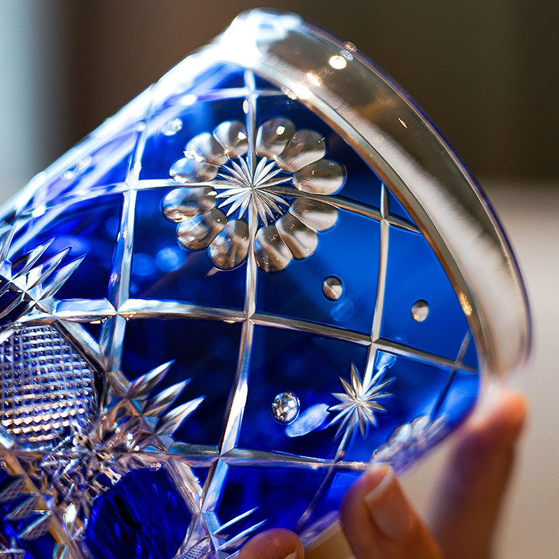 Edo Kiriko Handcrafted Royal Blue Kohana Blossom Glass – A Deep Ocean of Delicate Beauty in Crystal
