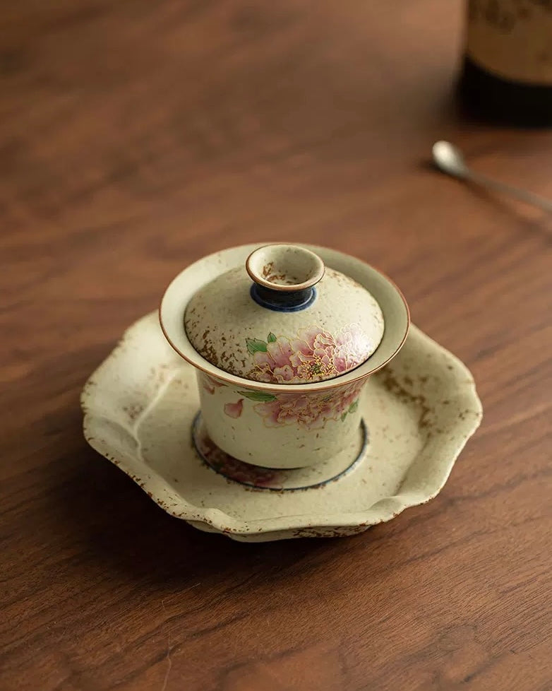 "Golden Thread Peony" Flint-Red Sancai Gaiwan