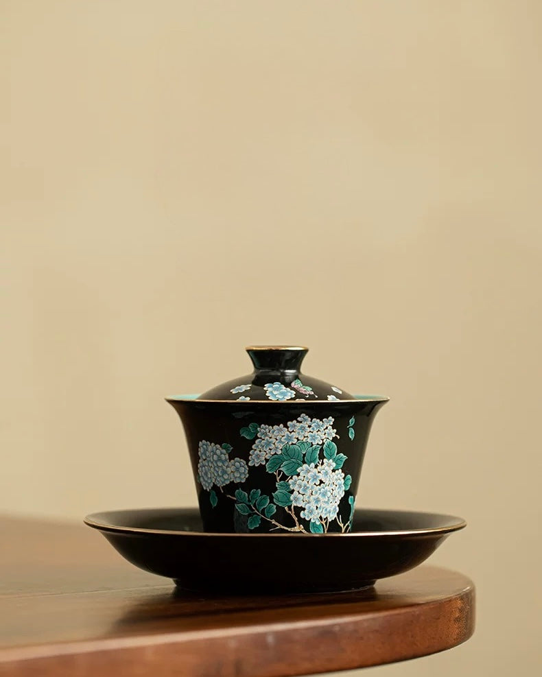 Black Glaze "Midnight Hydrangea" Sancai Gaiwan