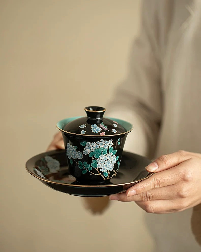 Black Glaze "Midnight Hydrangea" Sancai Gaiwan