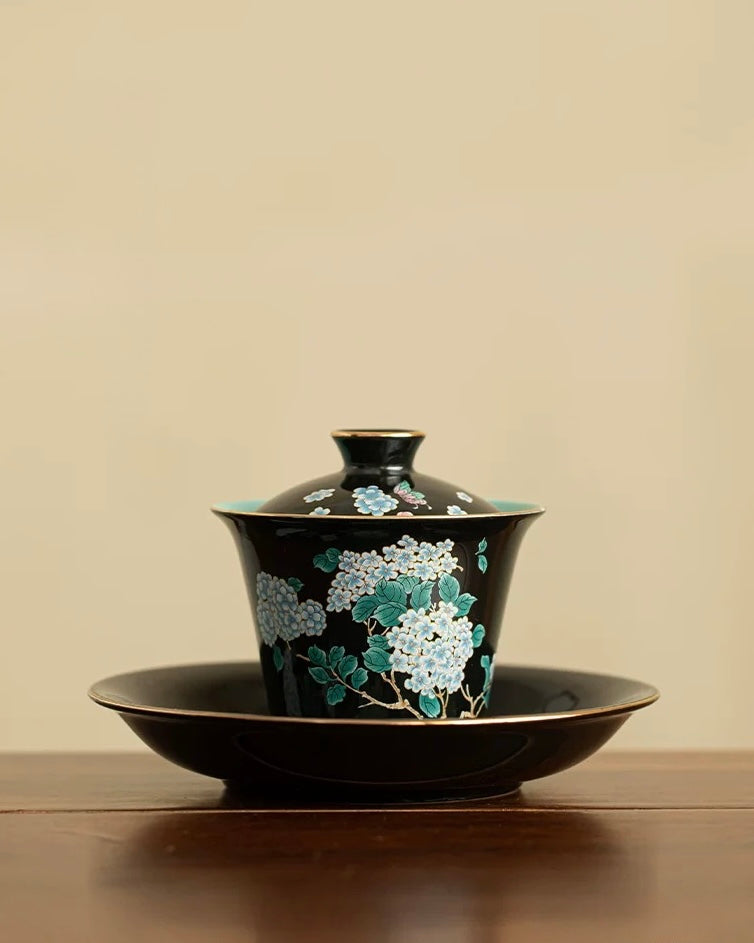 Black Glaze "Midnight Hydrangea" Sancai Gaiwan