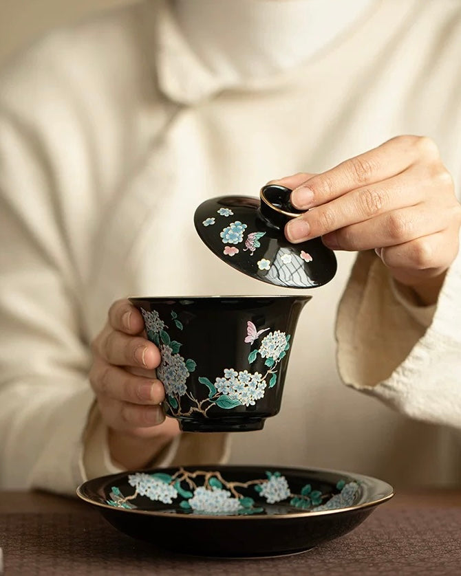 Black Glaze "Midnight Hydrangea" Sancai Gaiwan