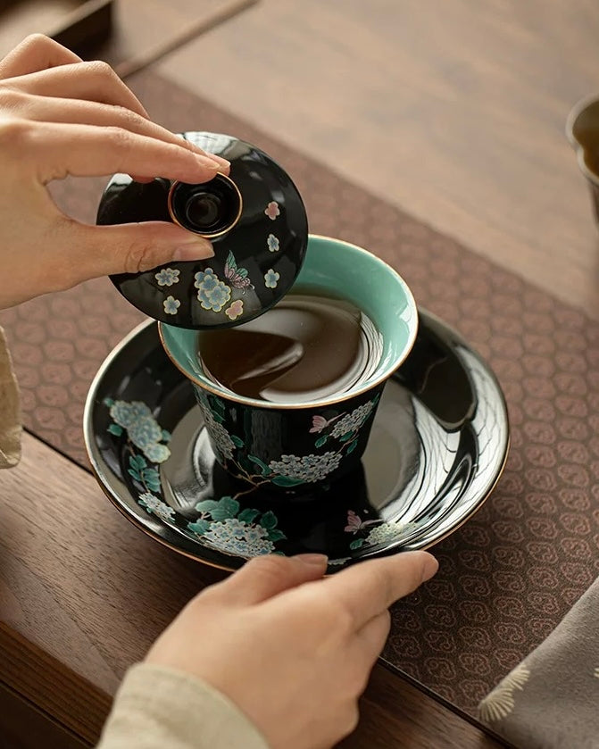 Black Glaze "Midnight Hydrangea" Sancai Gaiwan