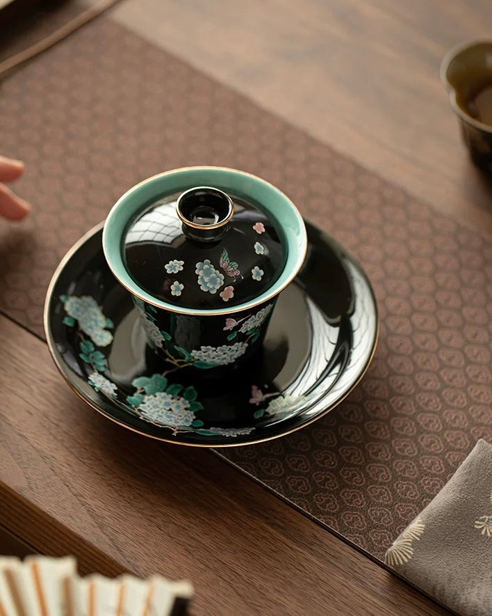 Black Glaze "Midnight Hydrangea" Sancai Gaiwan