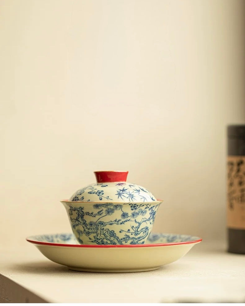 Palace Wall Red "Three Friends of Winter" Sancai Gaiwan