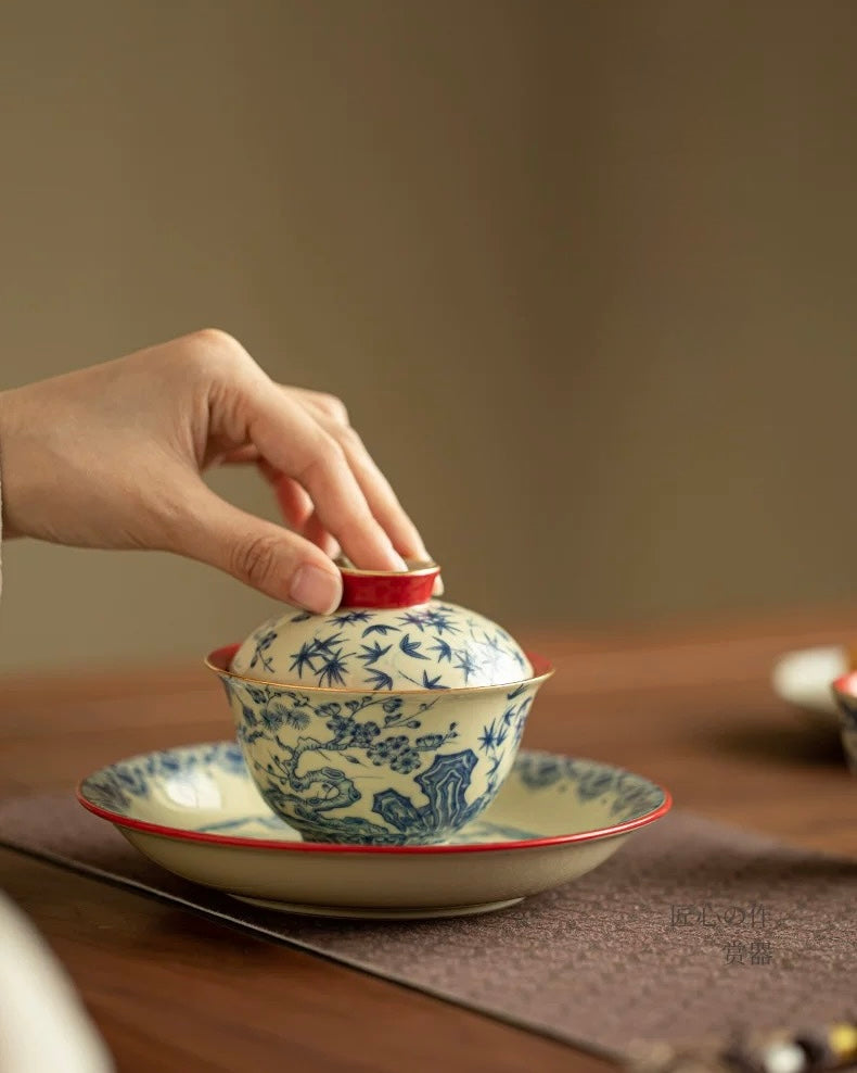 Palace Wall Red "Three Friends of Winter" Sancai Gaiwan