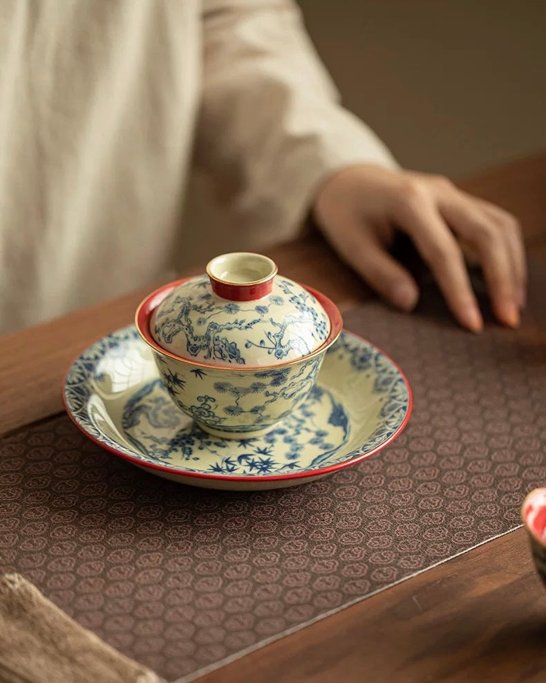 Palace Wall Red "Three Friends of Winter" Sancai Gaiwan