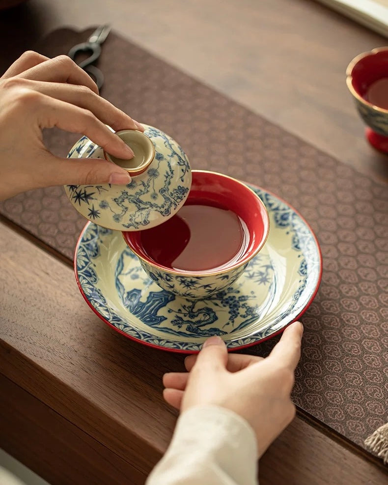 Palace Wall Red "Three Friends of Winter" Sancai Gaiwan