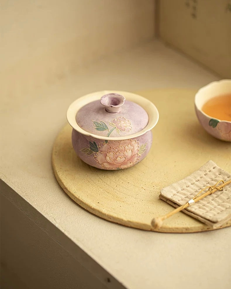 Relief-Sculpted Hand-Painted "Purple Rhyme" Peony Cloth-Bag Gaiwan