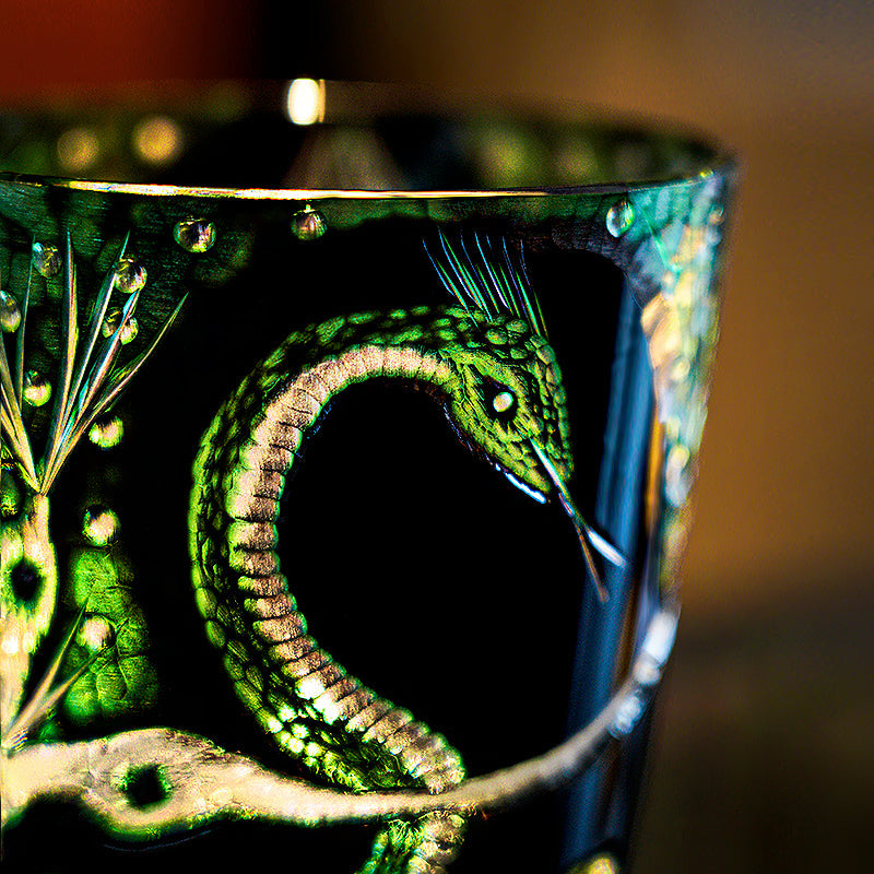 Edo Kiriko Handcrafted Green Serpent Whisky Glass – A Mythic Embrace in Crystal