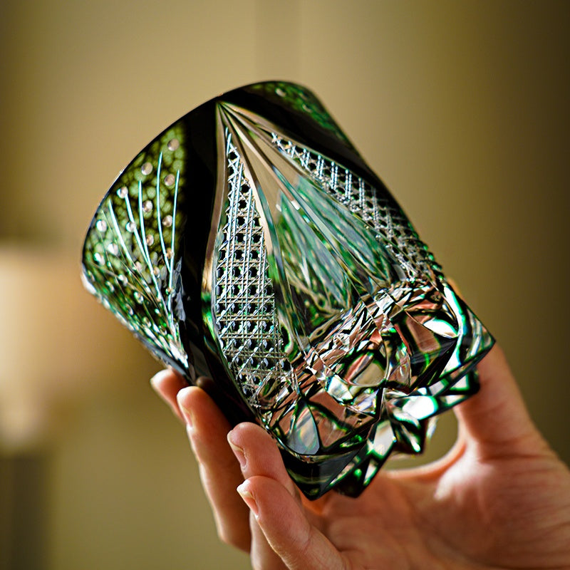 Edo Kiriko Handcrafted Green Serpent Whisky Glass – A Mythic Embrace in Crystal