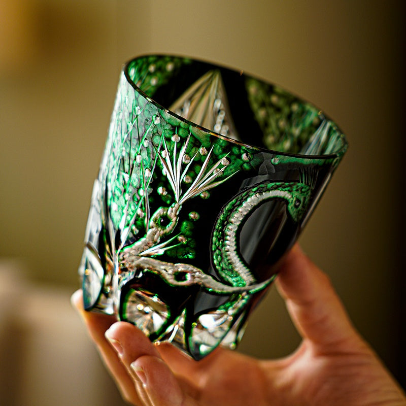 Edo Kiriko Handcrafted Green Serpent Whisky Glass – A Mythic Embrace in Crystal