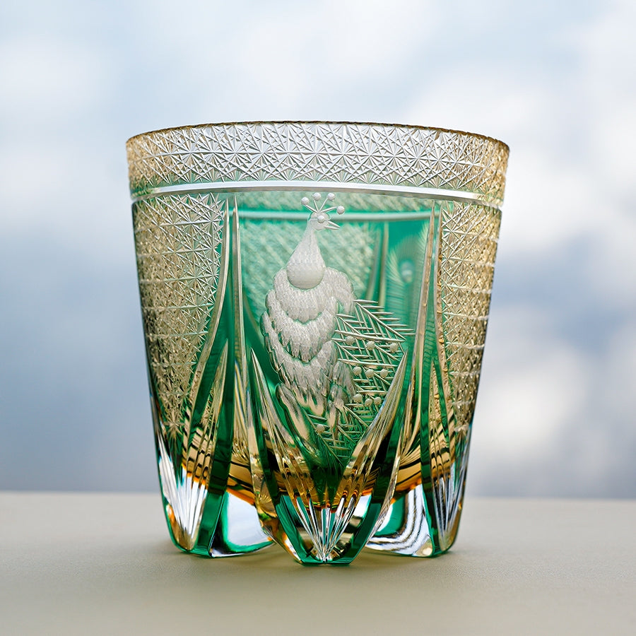 Edo Kiriko Handcrafted Emerald Peacock Whisky Glass – A Verdant Gem of Japanese Artistry