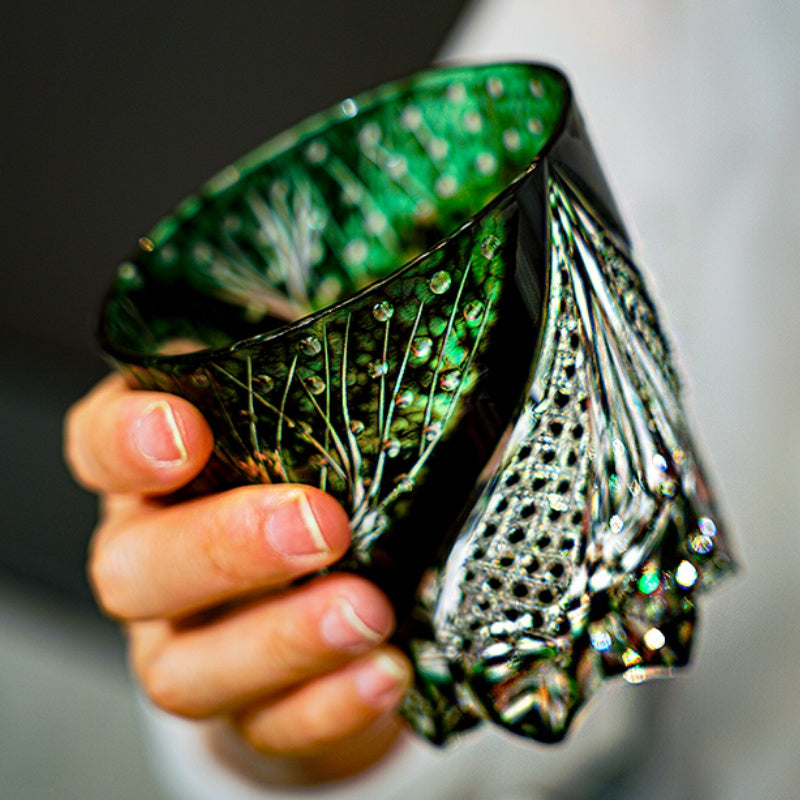Edo Kiriko Handcrafted Green Serpent Whisky Glass – A Mythic Embrace in Crystal