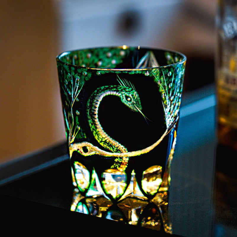 Edo Kiriko Handcrafted Green Serpent Whisky Glass – A Mythic Embrace in Crystal