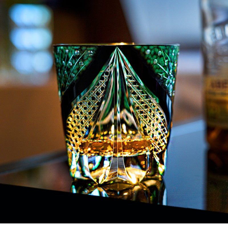 Edo Kiriko Handcrafted Green Serpent Whisky Glass – A Mythic Embrace in Crystal