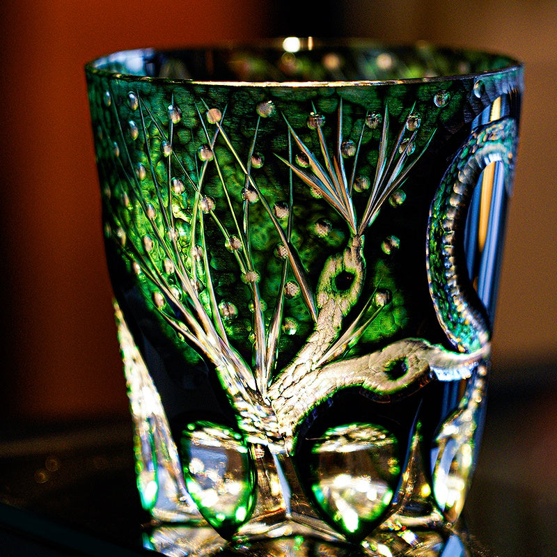 Edo Kiriko Handcrafted Green Serpent Whisky Glass – A Mythic Embrace in Crystal