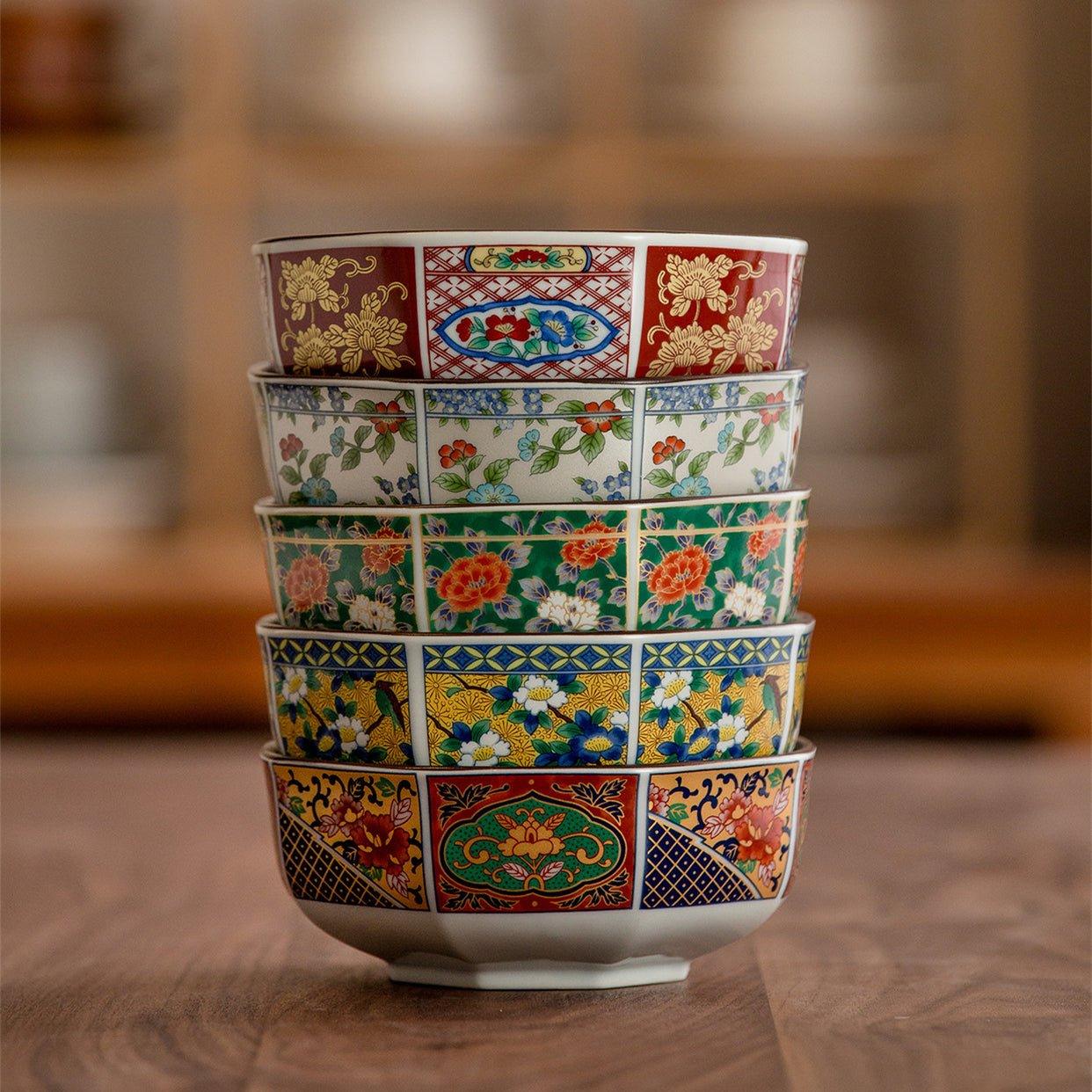 Japanese Mino Ware "Court Dyed Brocade" Octagonal Bowls Set – A Tapestry of Tradition