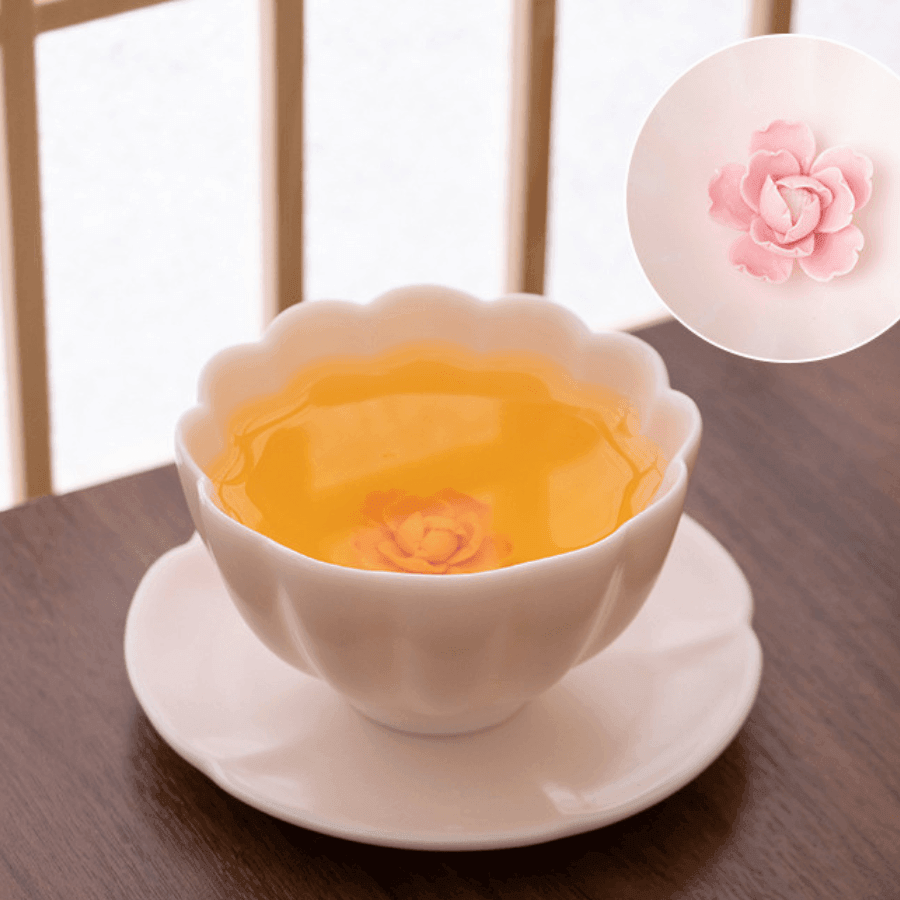 Handcrafted Ceramic Tea Cup & Mini Plate Set with Embedded Rose – Artistry in Bloom