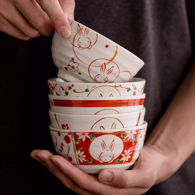 Authentic Hasami-yaki Hand-Painted Rabbit Motif Stoneware Bowl Set